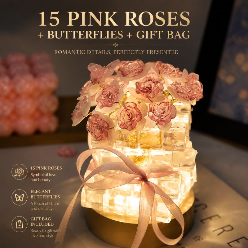 Pink Rose (15 Blooms + Butterfly + Gift Bag)