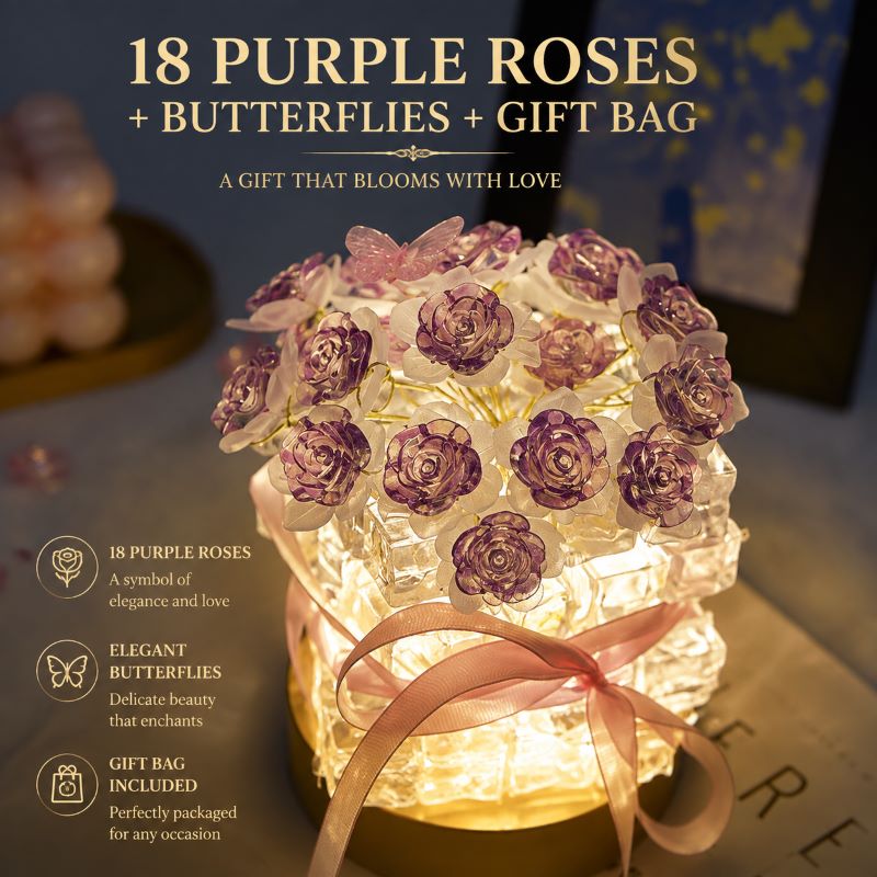 Purple Rose (18 Blooms + Butterfly + Gift Bag)