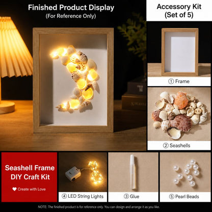 DIY 3D Natural Seashell Display Box Kit (with LED Lights) — Wooden specimen display frame for coastal-style home decor, 8.9 × 12.3 inches.