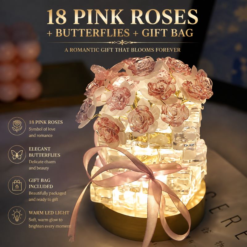 Pink Rose (18 Blooms + Butterfly + Gift Bag)
