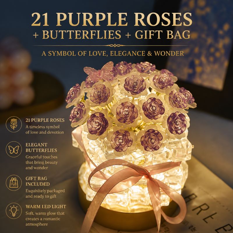 Purple Rose (21 Blooms + Butterfly + Gift Bag)