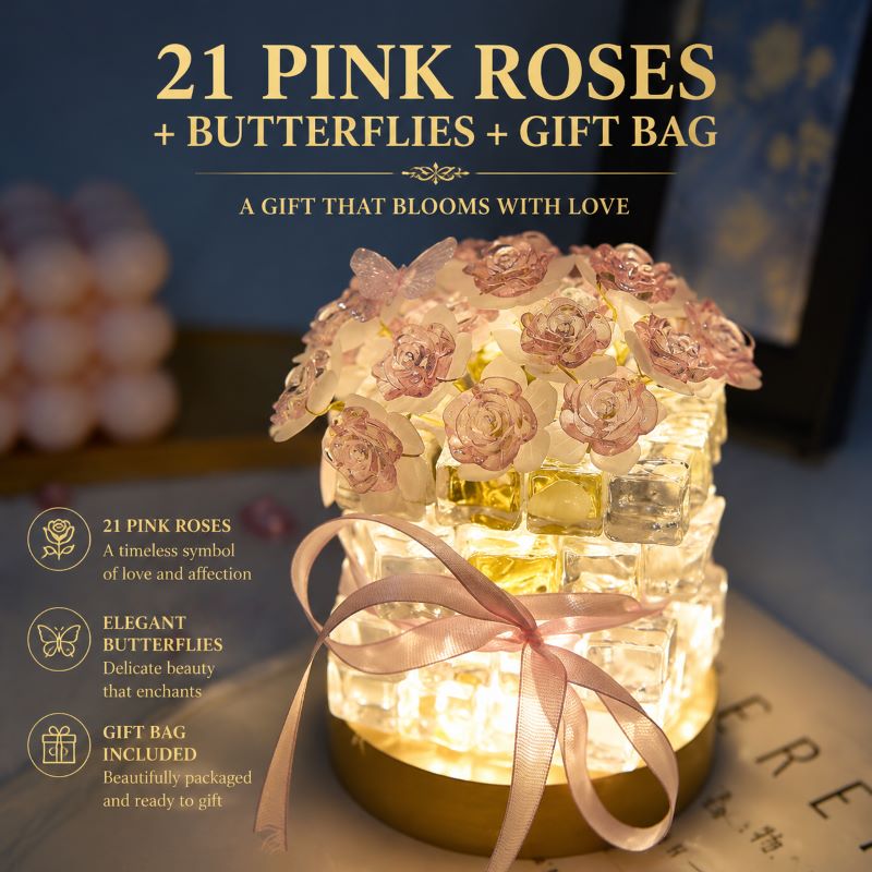 Pink Rose (21 Blooms + Butterfly + Gift Bag)